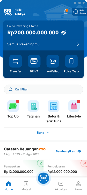 BRImo mobile-banking home screen