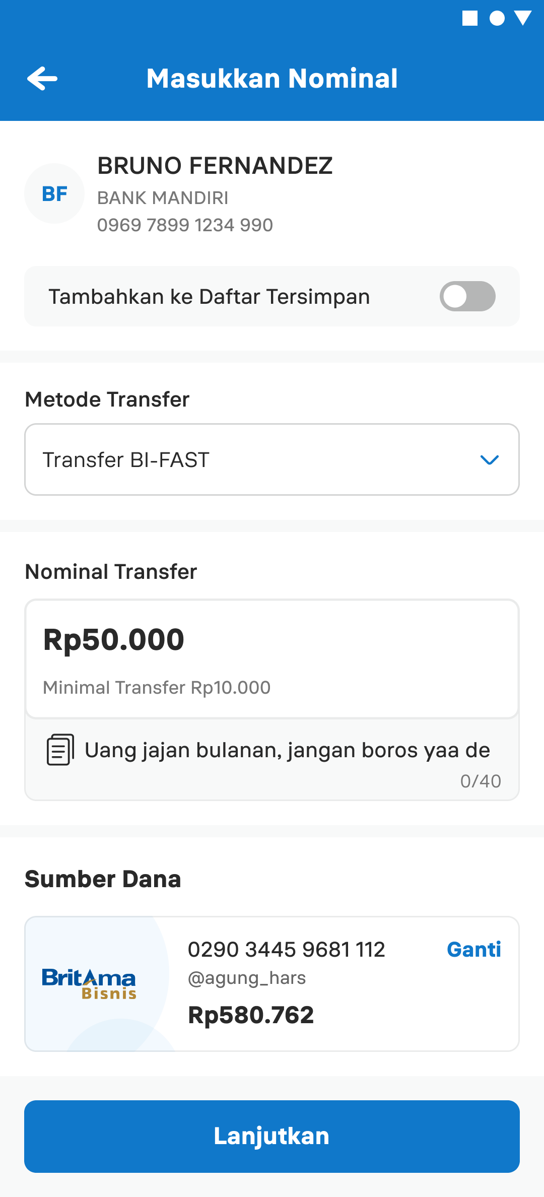 BRImo transfer screen for entering an amount