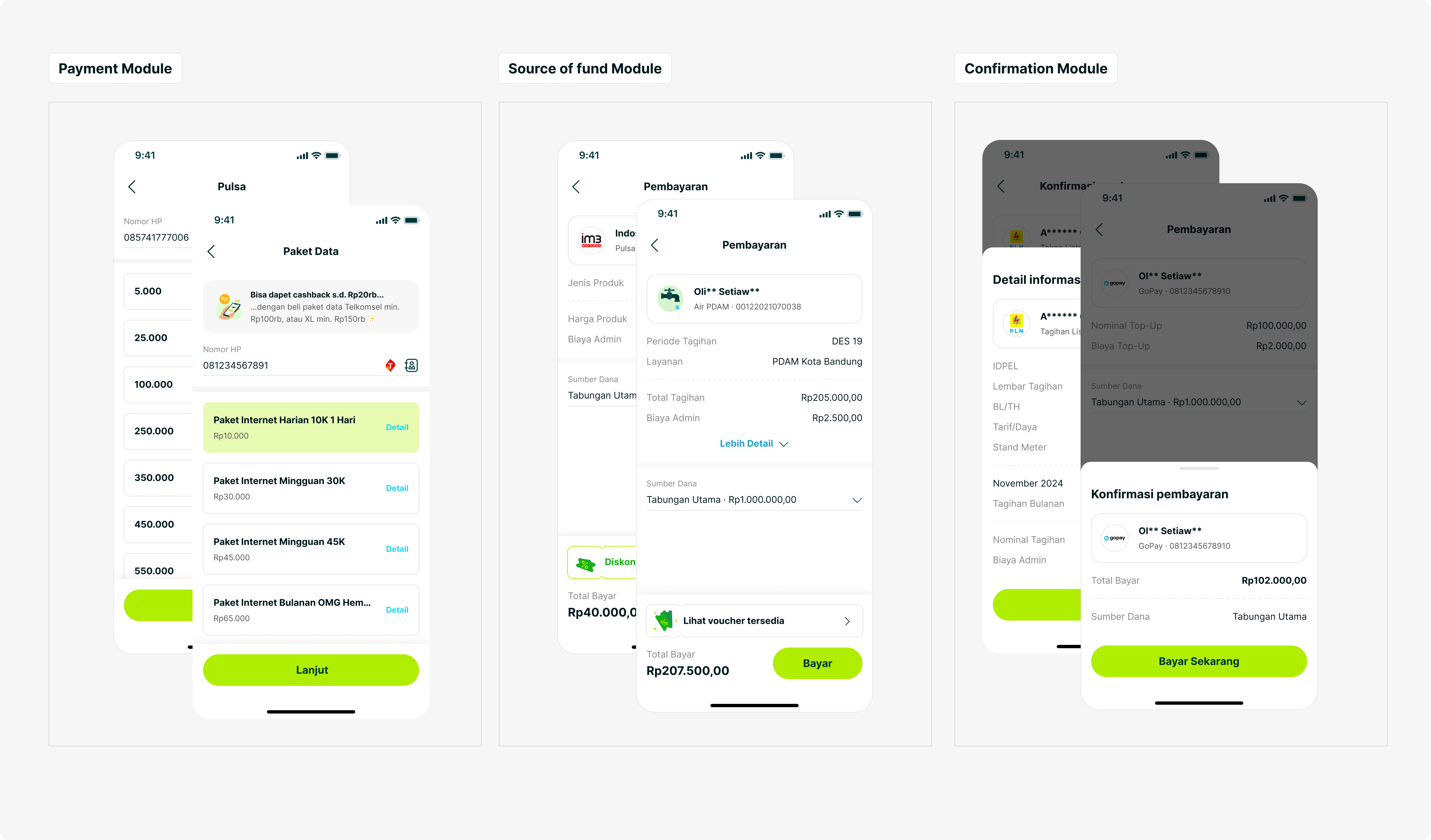 Payment, source-of-funds, and confirmation modules across mobile credit, data packages, utility bills, and e-wallet top-ups.