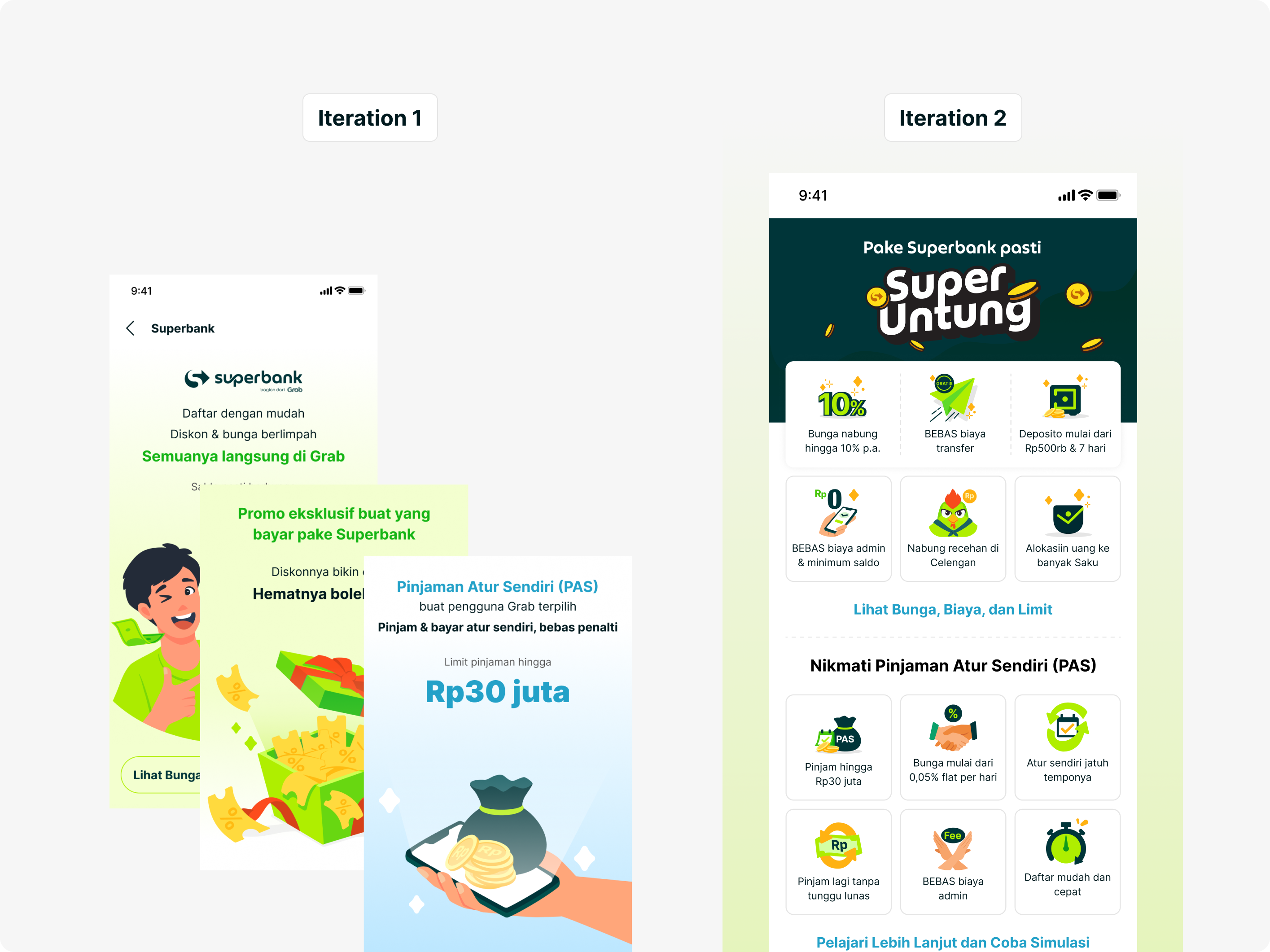 Grab CVP iteration: separate promotional screens replaced by a structured landing page grouping banking and lending benefits.
