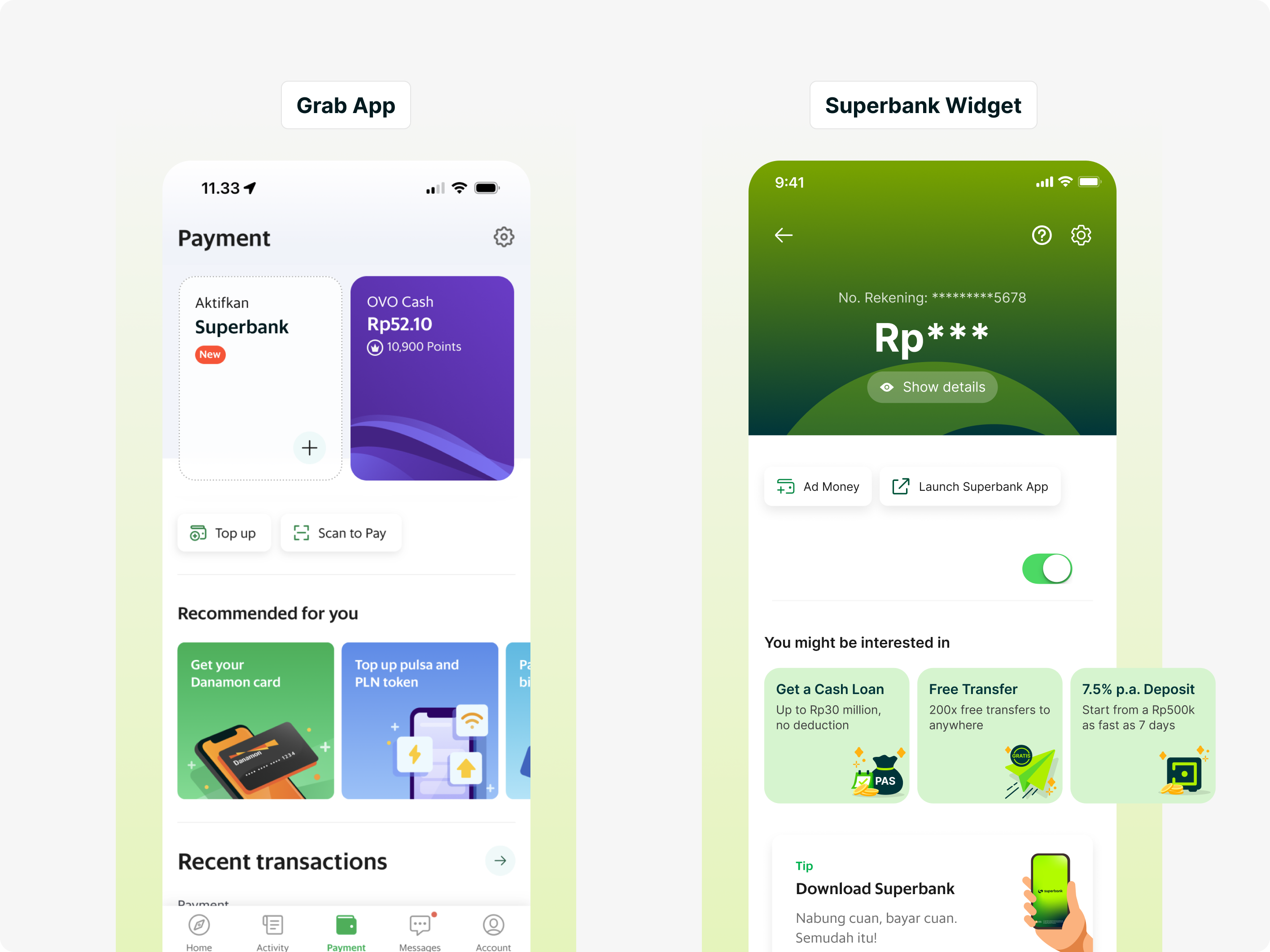 Superbank entry point on Grab's Payment screen and a widget featuring loan, transfer, and deposit offers.