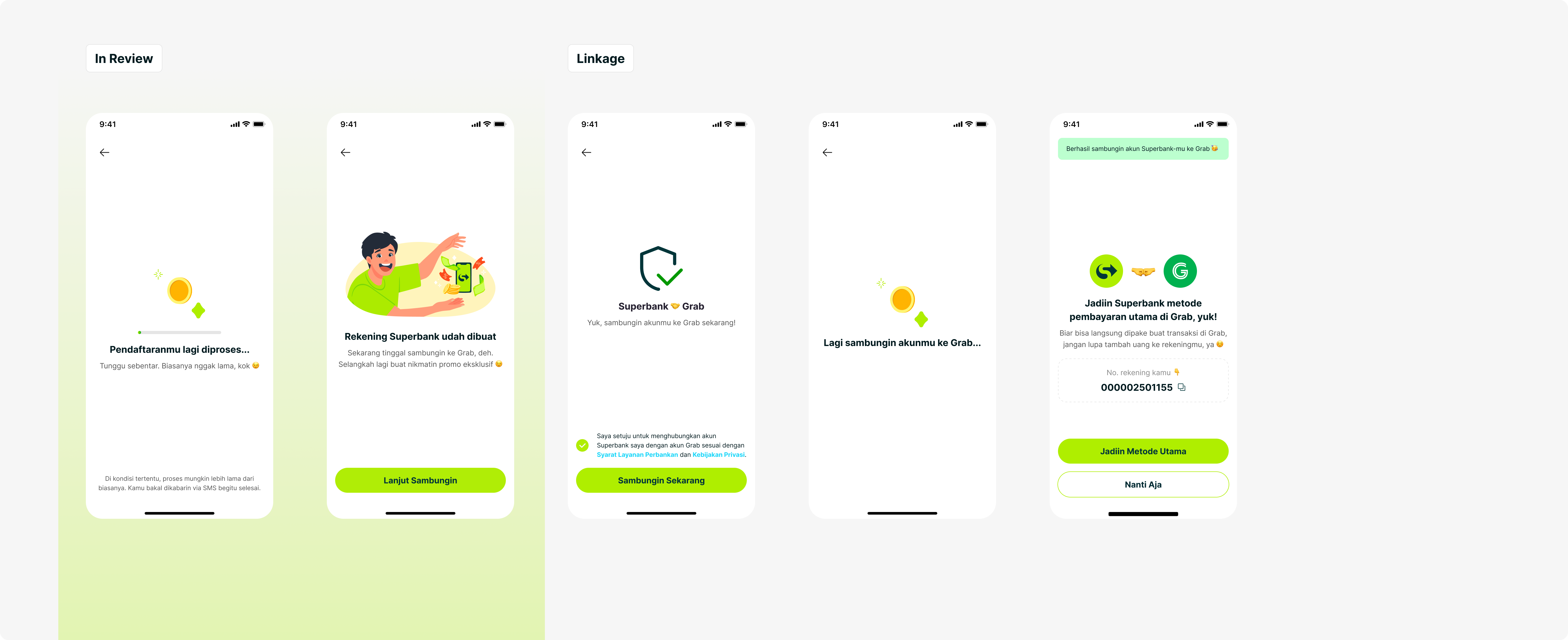 Updated Grab journey with processing status, explicit account creation confirmation, and clearer prompts to connect the account.