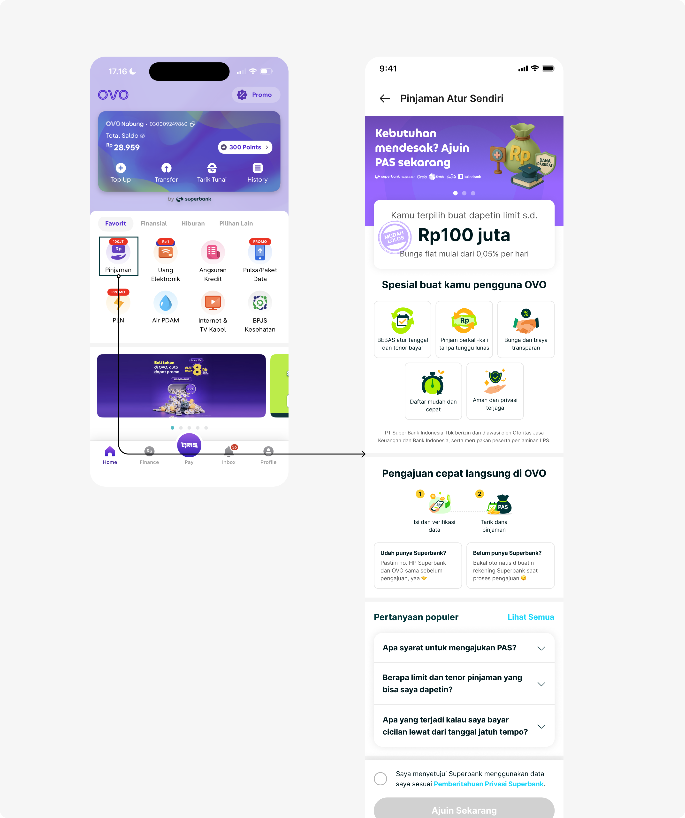 OVO loan entry point leading to the PAS landing page with a potential limit, benefits, application steps, and frequently asked questions.