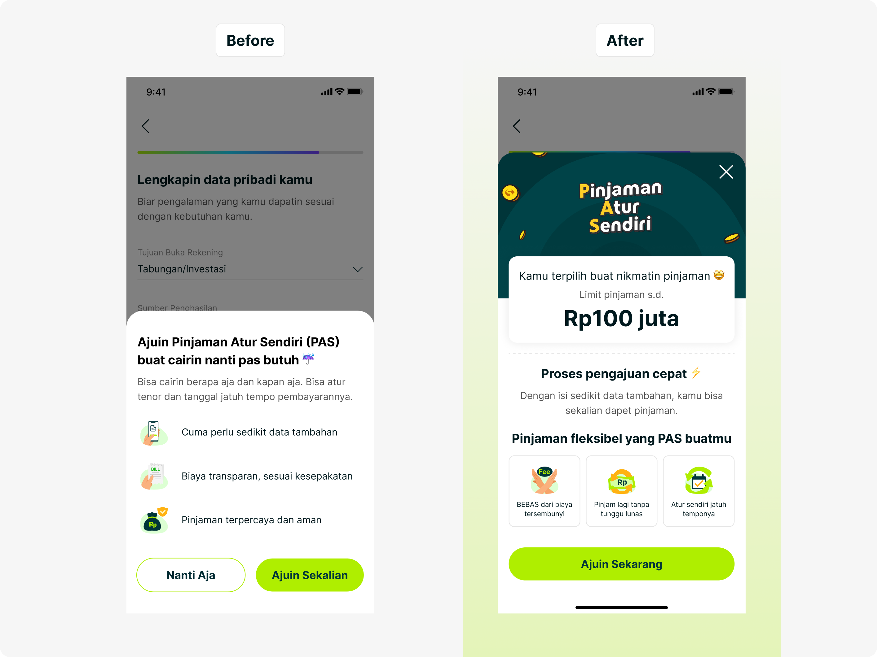 Before and after lending opt-in designs, comparing the original message with a revised offer showing the potential loan limit and benefits.