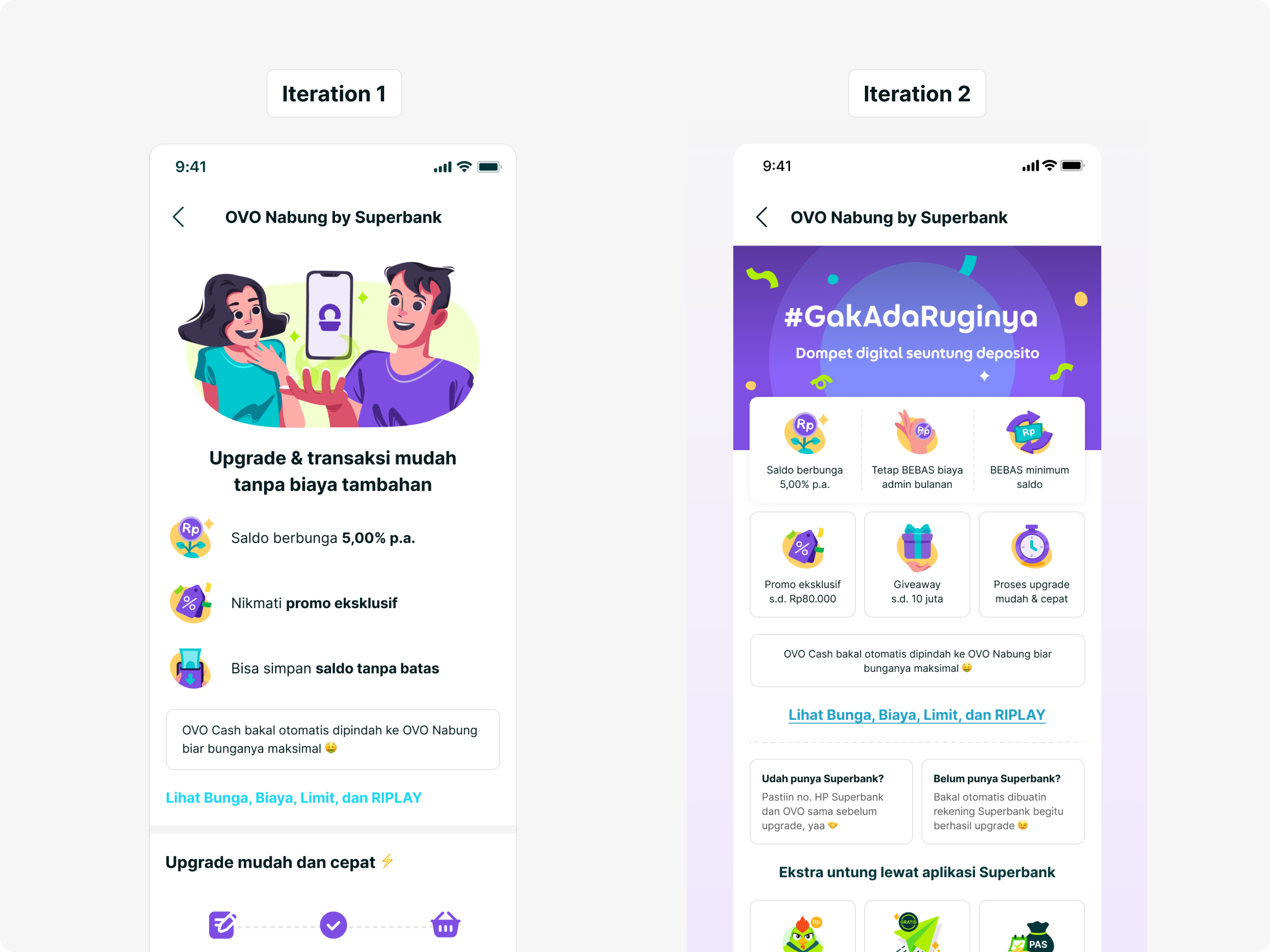 Two OVO Nabung landing page iterations comparing the presentation of benefits, upgrade information, and account requirements.